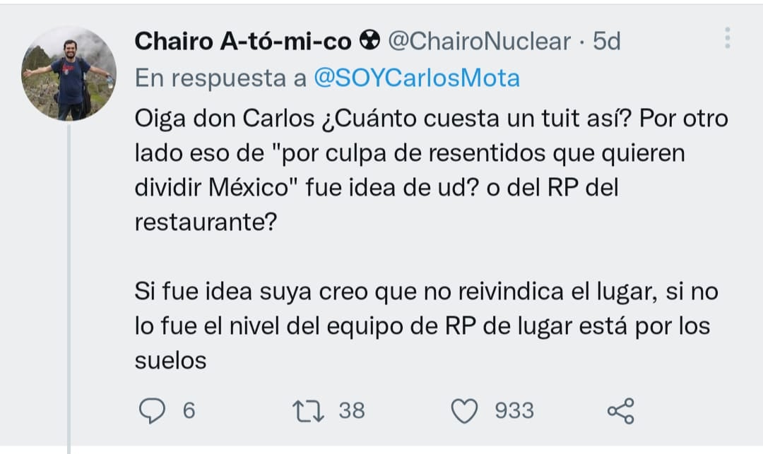 Usuario responde a Carlos Mota por Sonora Grill