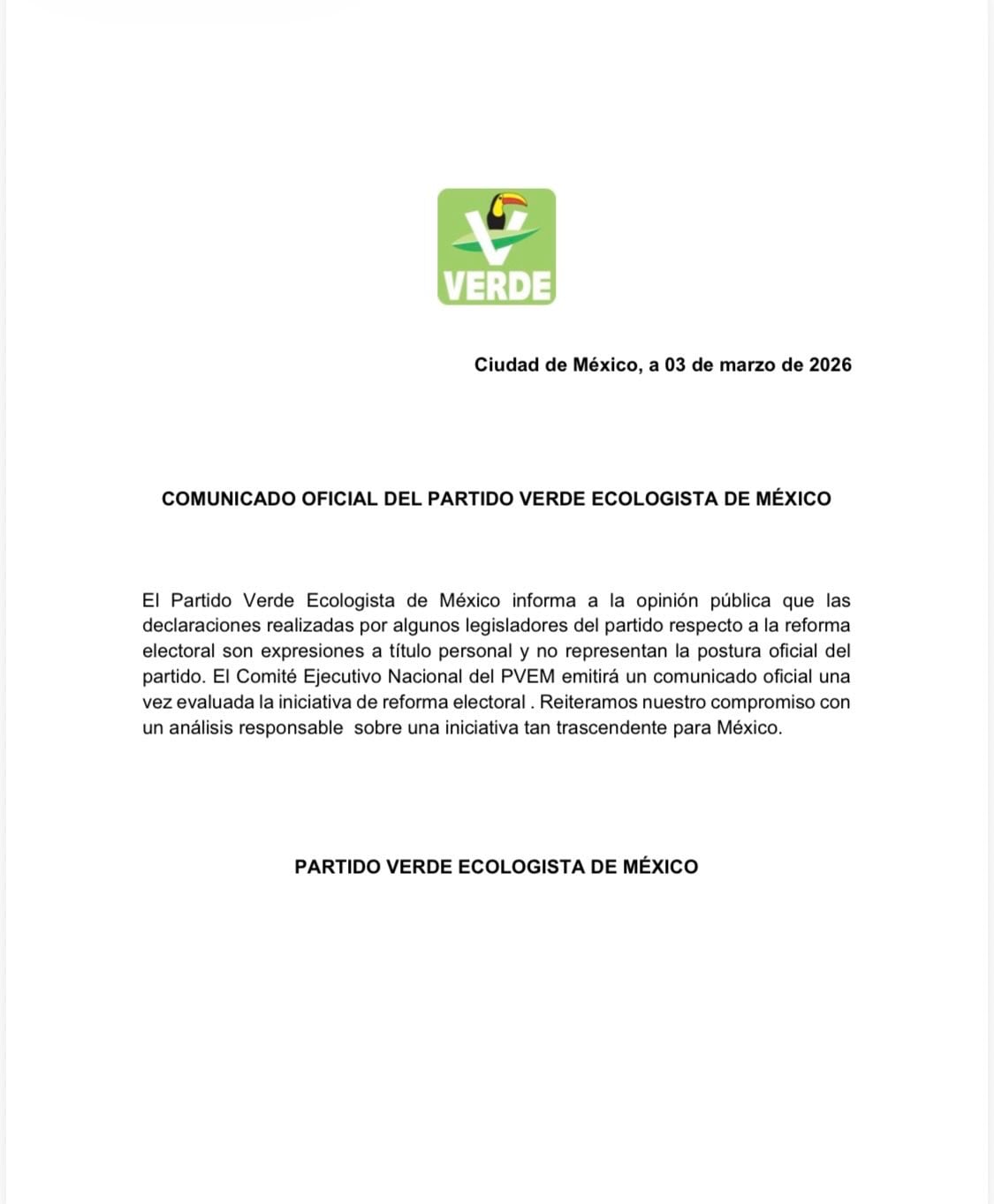 Por reforma electoral, PVEM se deslinda de declaraciones hechas a título personal por legisladores