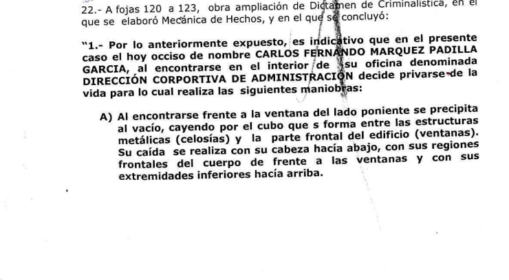 Dictamen confirma suicidio de Carlos Fernando Márquez Padilla García