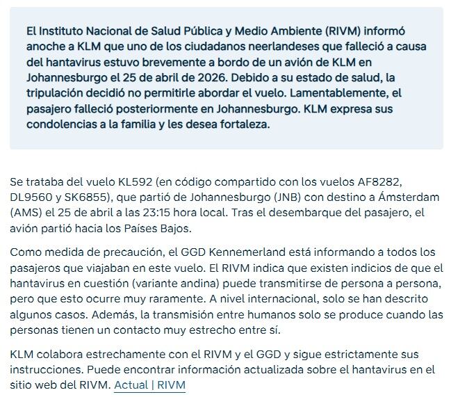 Comunicado de KLM sobre la pasajera con hantavirus que contagió a una azafata.