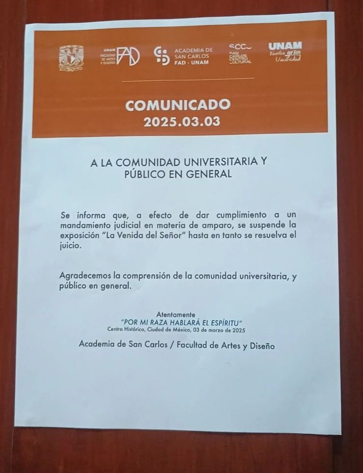 Suspenden La Venida del Señor de Fabián Cháirez en la Antigua Academia de San Carlos.