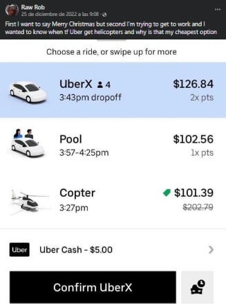 Usuario de Facebook señala que Uber cobra menos por viaje en helicóptero