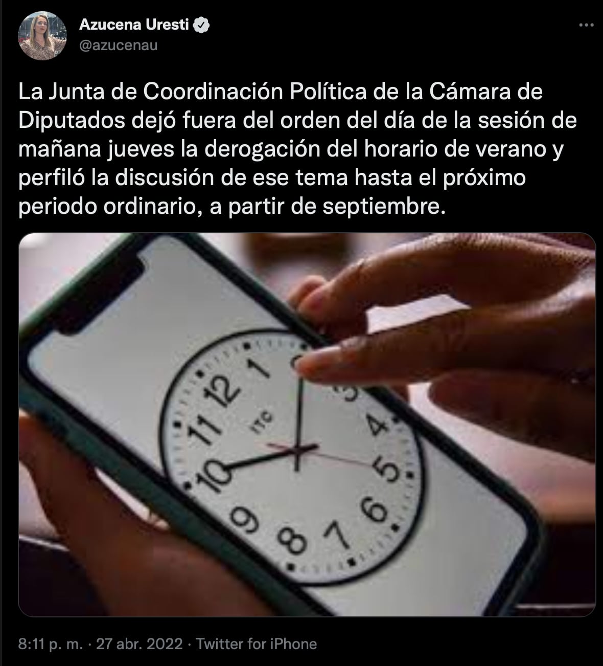 Discusión del Horario de Verano es desplazada a septiembre