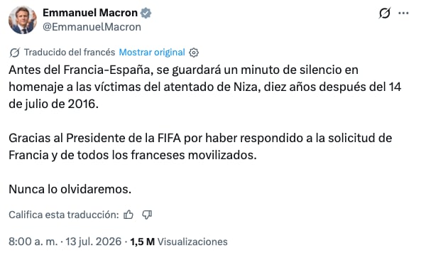 Macron anuncia un minuto de silencio en el Francia vs España, por los 10 años del atentado de Niza