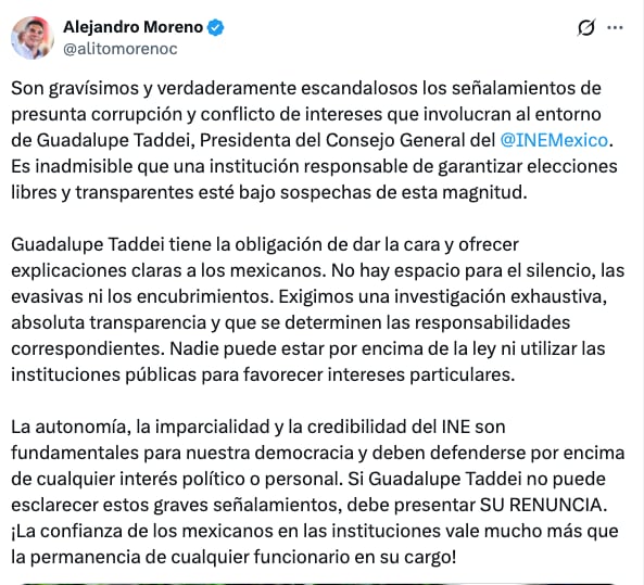 Alejandro Moreno exige que Guadalupe Taddei renuncie por caso de su chofer