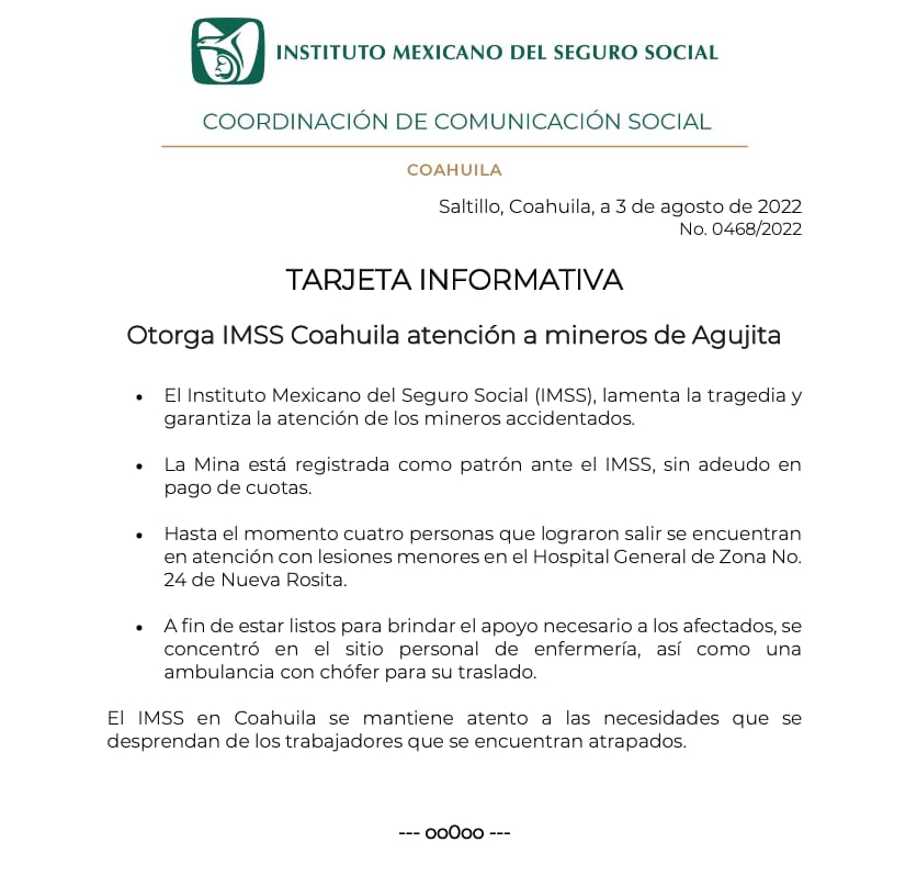 IMSS atiende a 4 mineros rescatados de Sabina, Coahuila