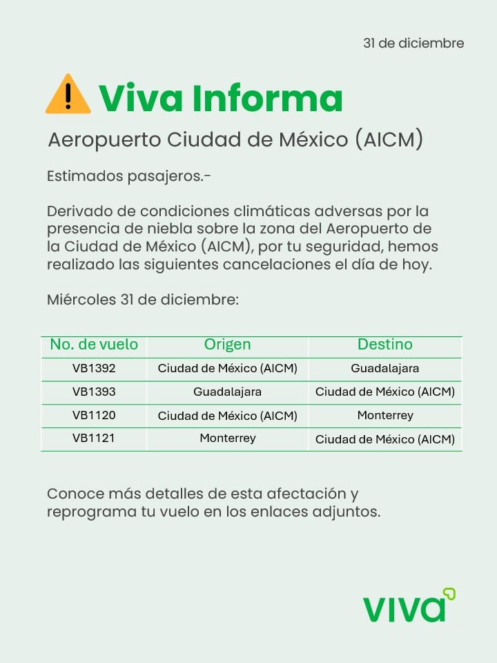 Viva Aerobus suspende vuelos por banco de niebla en AICM hoy 31 de diciembre