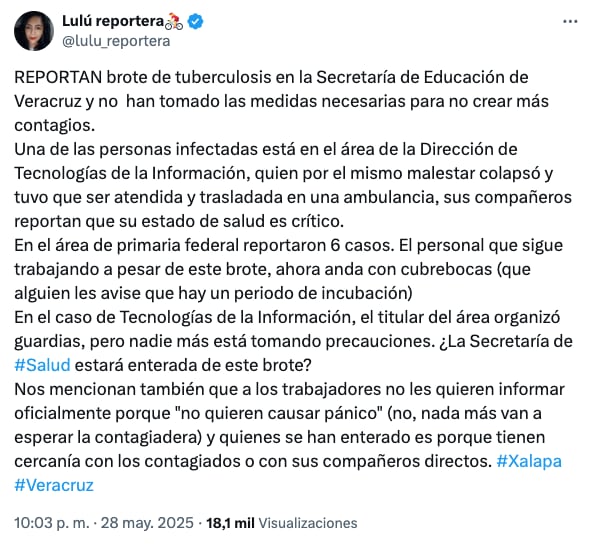 Alerta por brote de tuberculosis en Secretaría de Educación de Veracruz