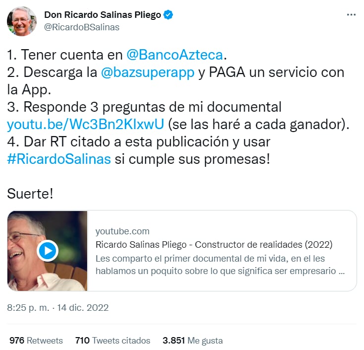 Ricardo Salinas Pliego promete regalar 100 mil pesos y termina declarando desierto el premio