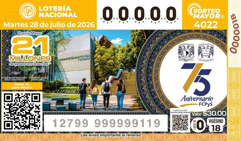 FCPyS de la UNAM celebra 75 años con billete de Lotería y sorteo de 21 millones de pesos.