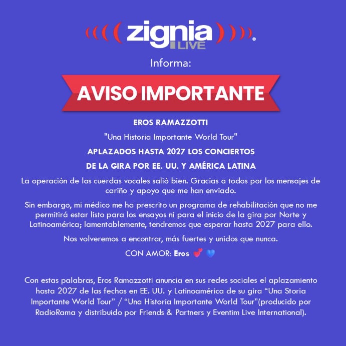Eros Ramazzotti aplaza sus conciertos en CDMX y Monterrey