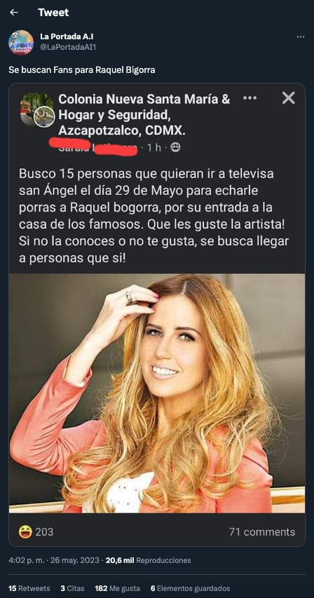 Buscan fans que apoyen a Raquel Bigorra en La Casa de los Famosos México