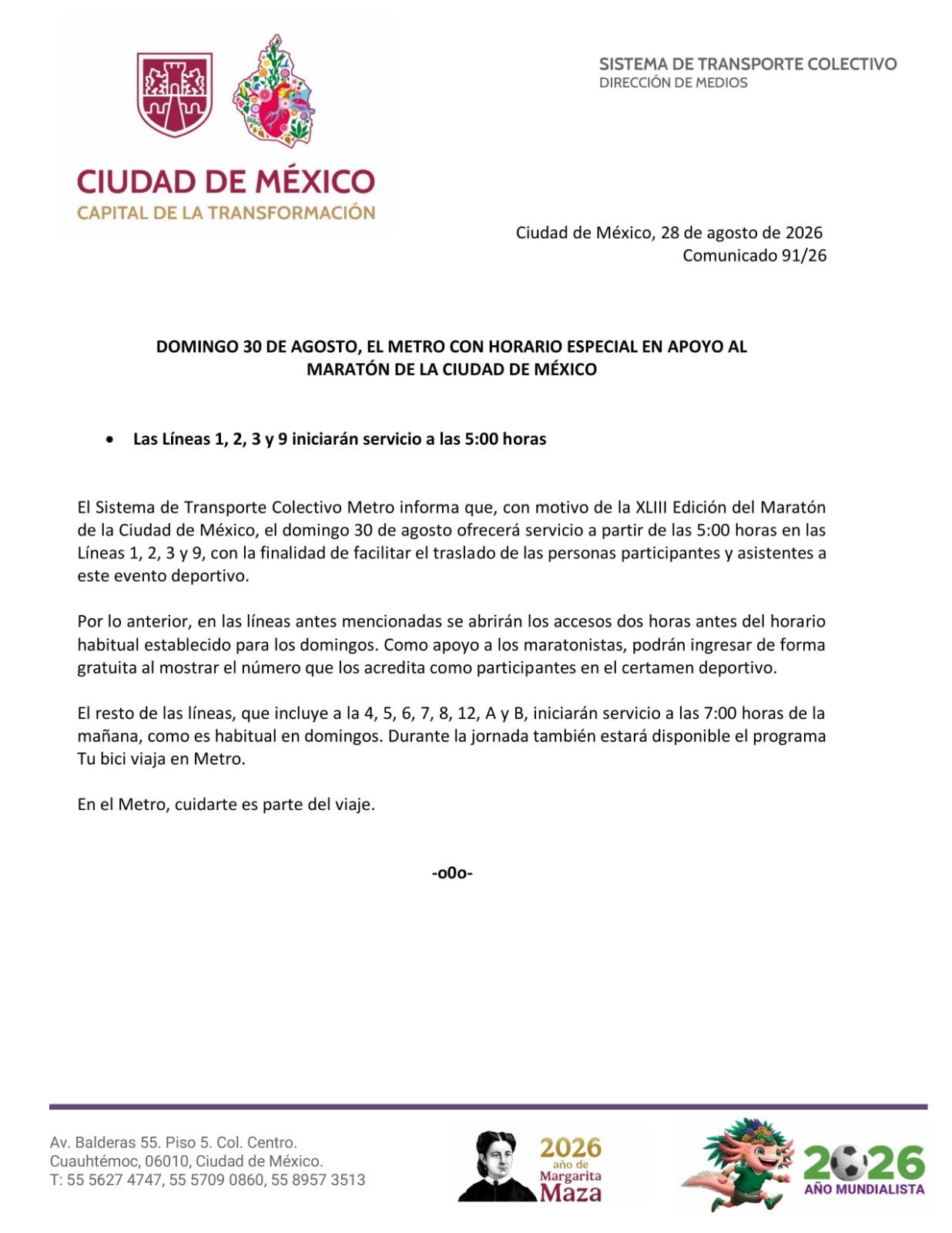 Comunicado del Metro CDMX sobre el cambio de horario