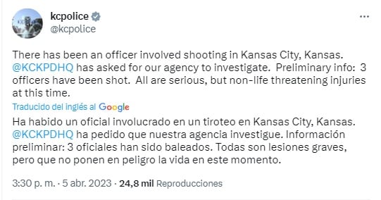 Policía de Kansas reporta tiroteo
