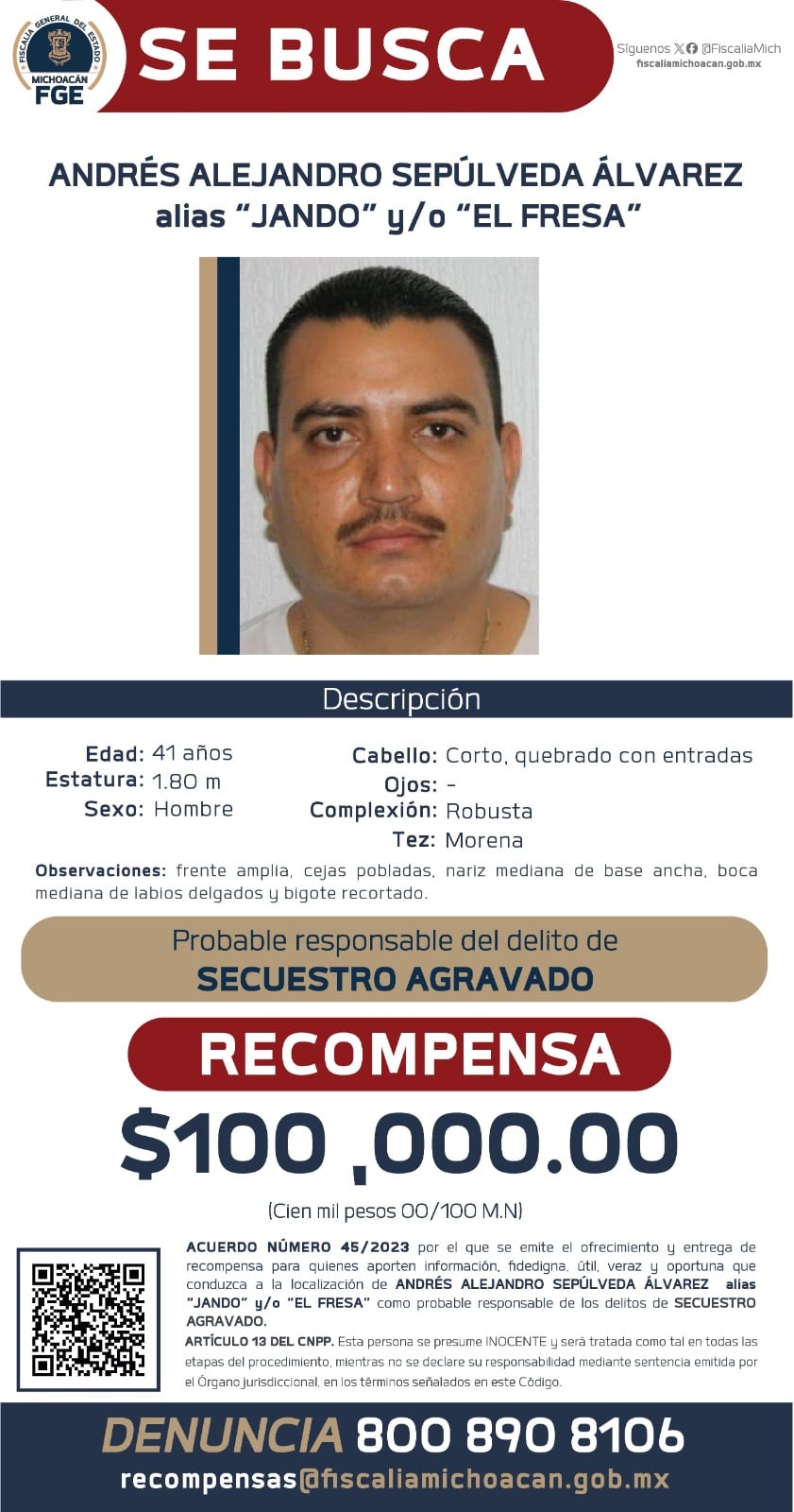 Fiscalía de Michoacán ofrece recompensa de 100 mil pesos para localizar a involucrados en el asesinato de Hipólito Mora