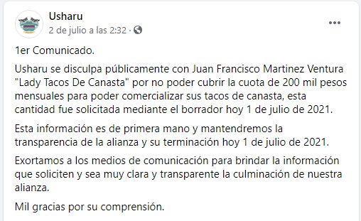 Post de restaurante 'Usharu' sobre Lady Tacos de Canasta.