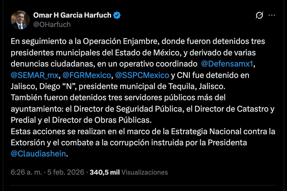 Omar García Harfuch confirmó la detención de Diego Rivera Navarro, alcalde de Tequila, como parte del Operativo Enjambre