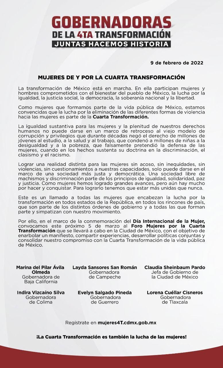 Convocatoria de Claudia Sheunbaum y gobernadoras de Morena