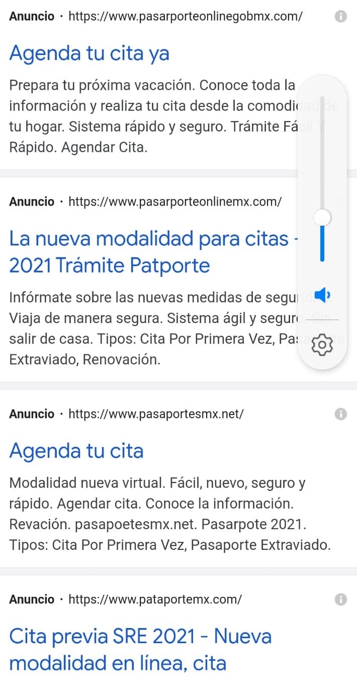 Resultados de búsqueda de páginas falsas