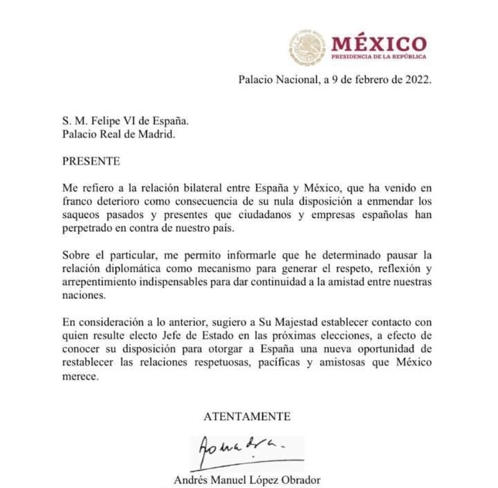 Supuesta carta de AMLO al rey de España