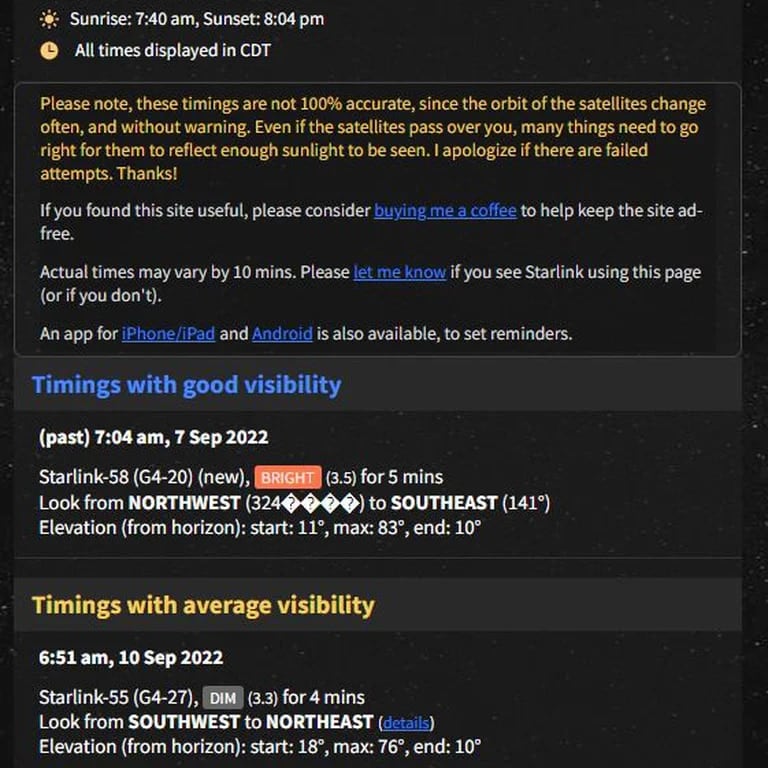Reporte de satélites Starlink