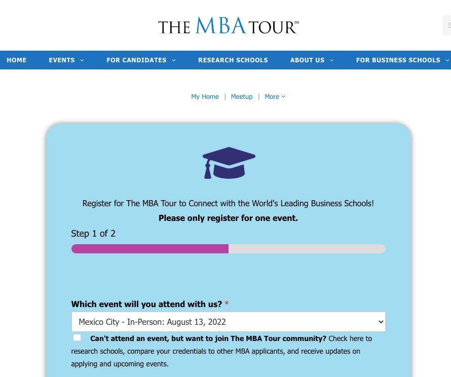 Página de registro para The MBA Tour