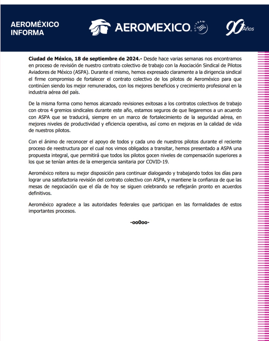 Comunicado de Aeroméxico