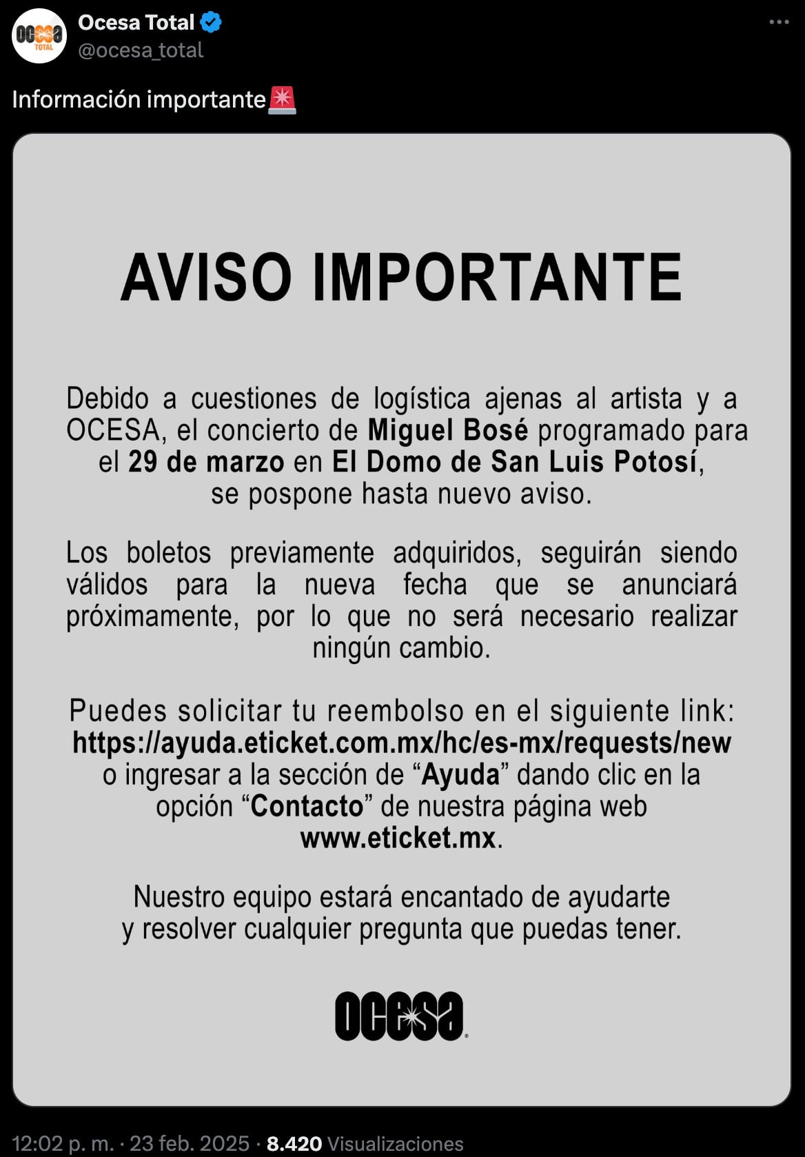 Miguel Bosé cancela su concierto en San Luis Potosí