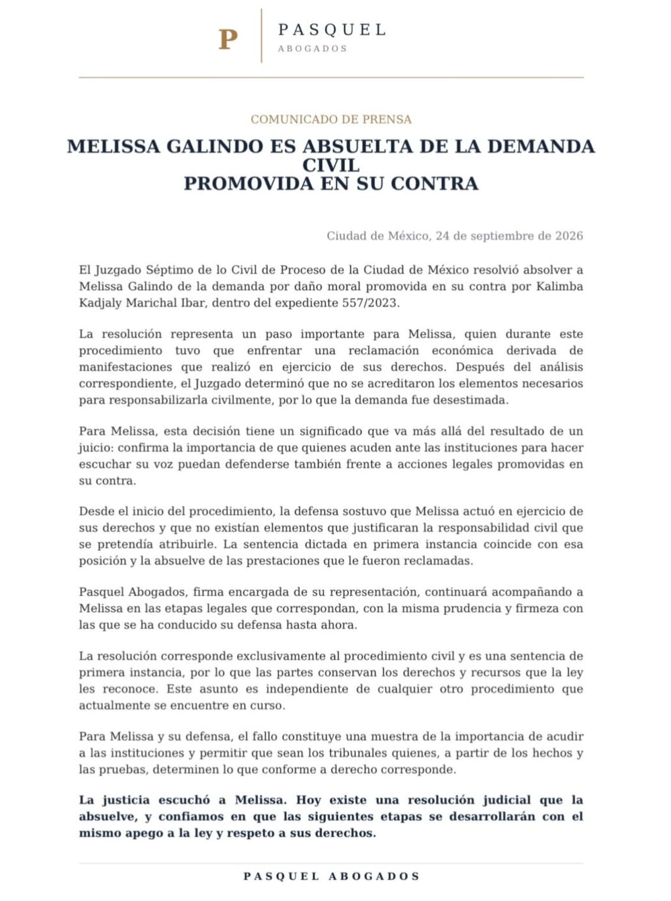 Melissa Galindo confirma que fue absuelta de la demanda de Kalimba