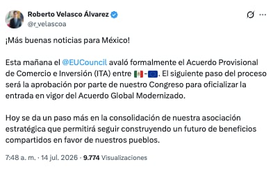 Roberto Velasco informa sobre el avance del Acuerdo Global Modernizado entre México y la Unión Europa.