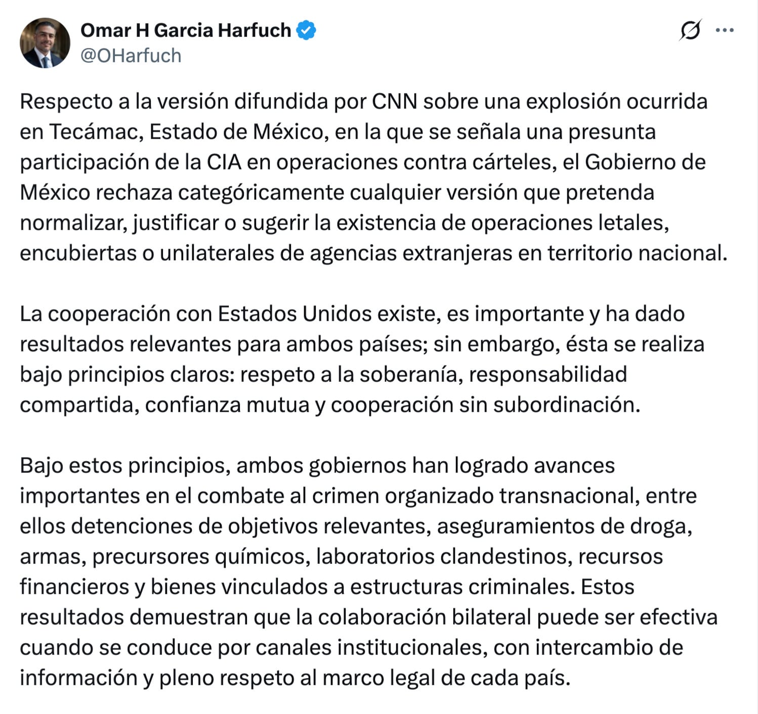 Omar García Harfuch desmiente participación de la CIA