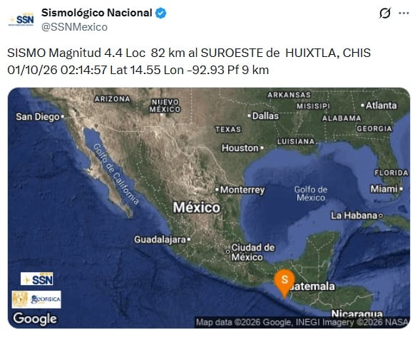 Sismo hoy jueves 1 de octubre de 2026 en México