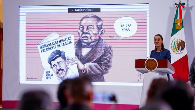 Claudia Sheinbaum, presidenta de México, muestra la caricatura política del minero Rapé con motivo de la posible llegada a la presidencia de la Suprema Corte de Justicia de la Nación de Hugo Aguilar Ortiz, abogado de origen mixteco