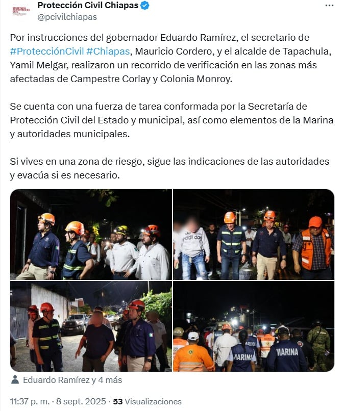 Autoridades realizan recorridos en Tapachula tras fuertes lluvias