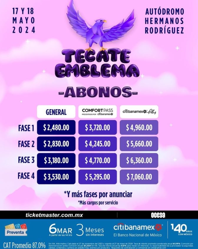 Precios de los boletos de Tecate Emblema