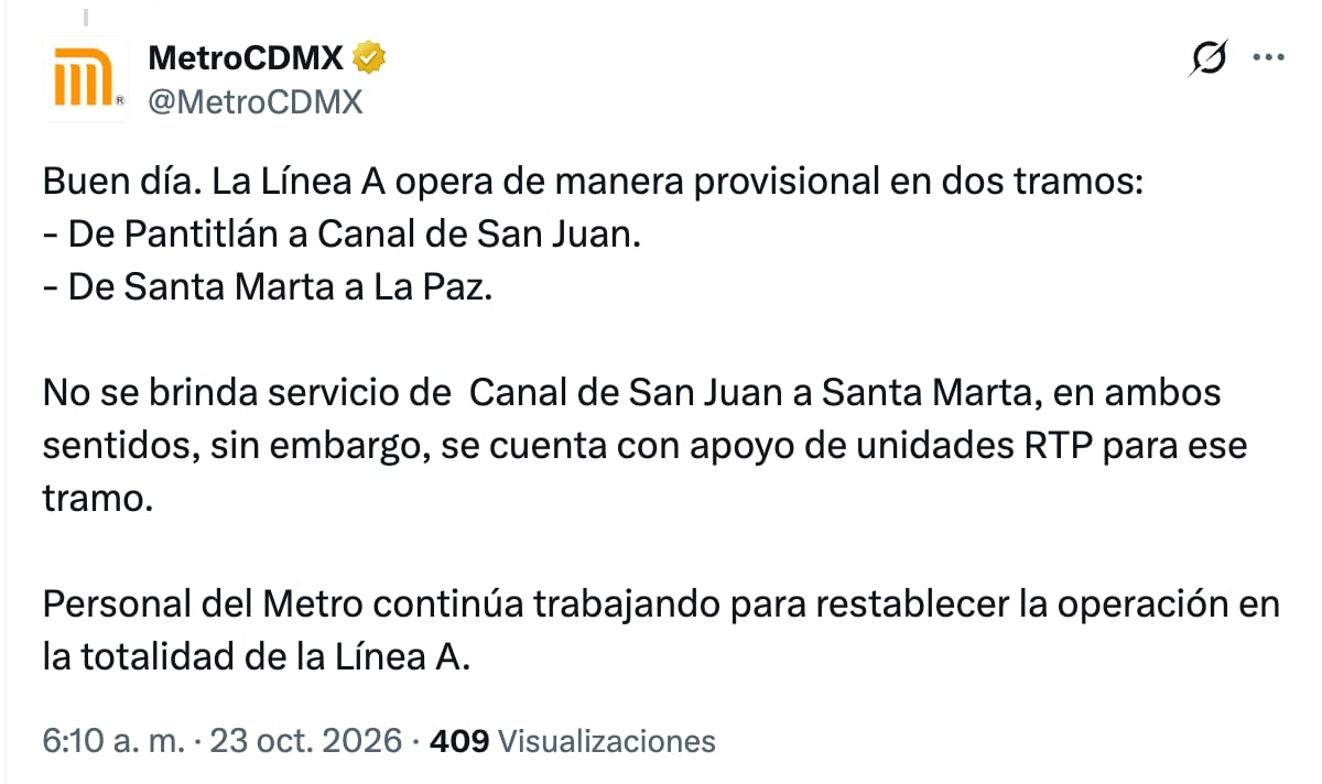 Metro CDMX informa de una ruptura de catenaria en la Línea A