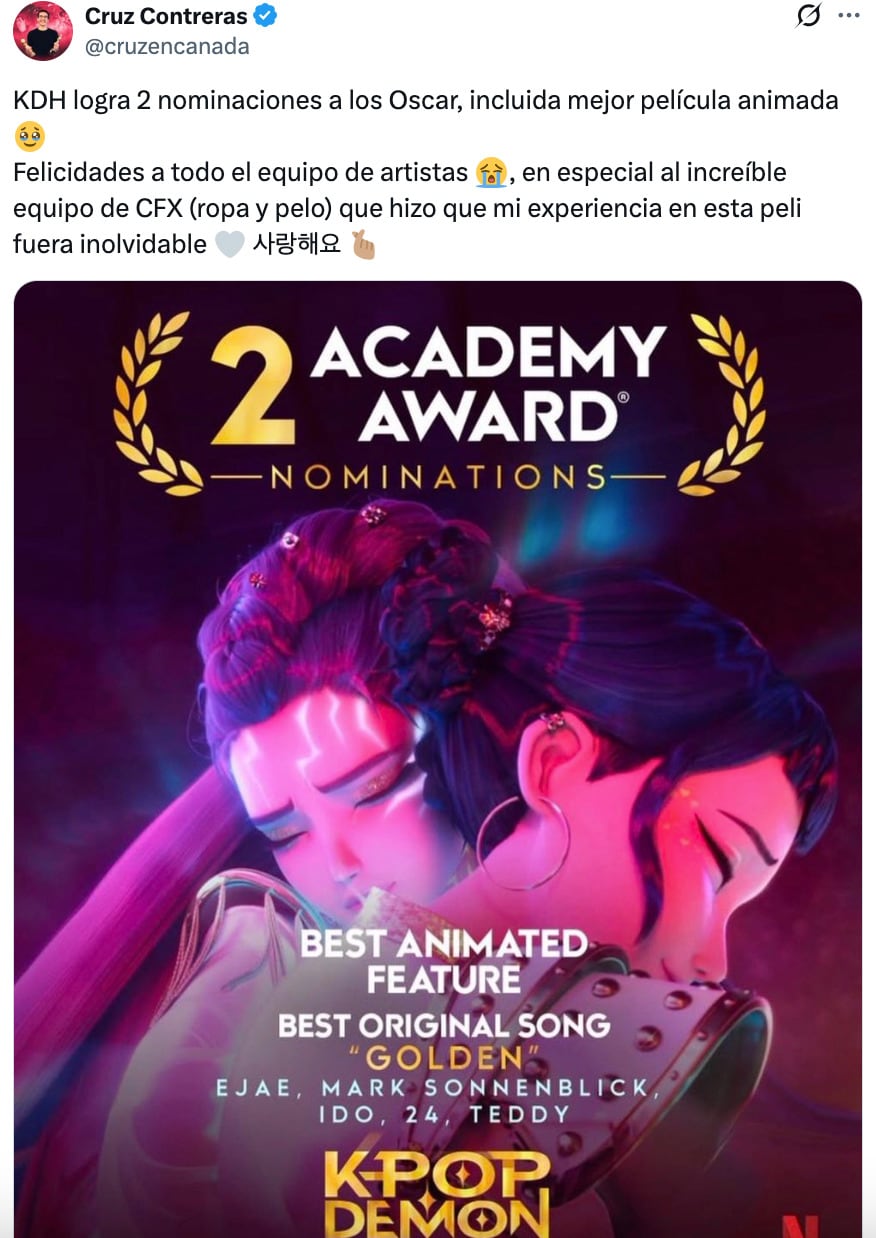 Cruz Contreras, mexicano involucrado en K-Pop Demon Hunters, celebra la nominación a los Premios Oscar 2026