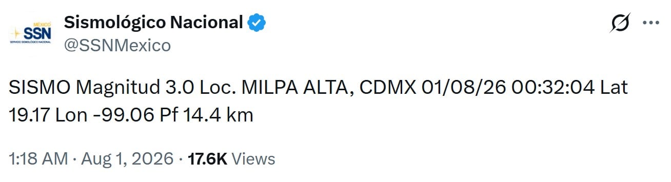 Sismo de magnitud 3 despierta a vecinos de Milpa Alta en CDMX