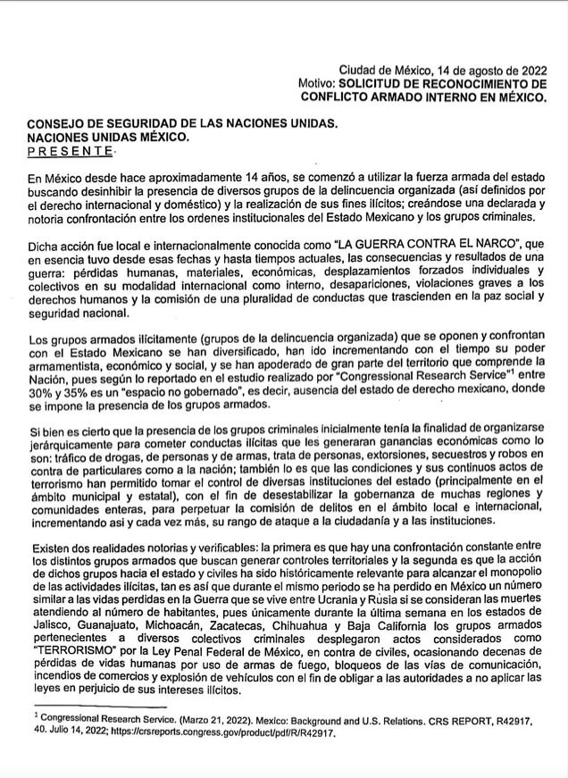 Carta de organizaciones mexicanas a la ONU para que se reconozca que México atraviesa una guerra interna