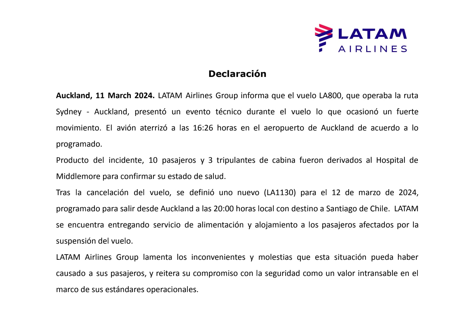 Comunicado de Latam Airlines sobre el vuelo que dejó 50 heridos