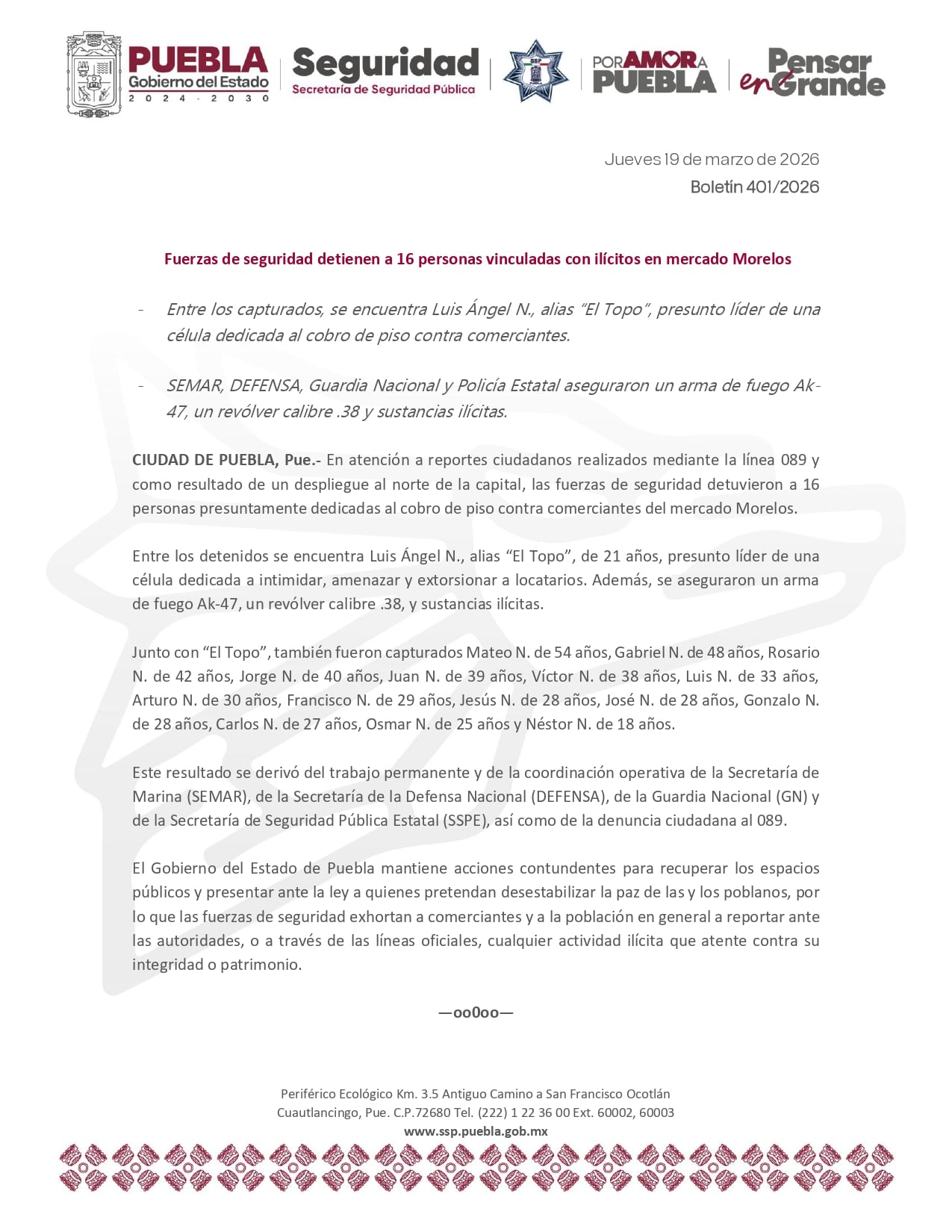 Cae “El Topo” en Puebla en operativo contra la Familia Michoacana