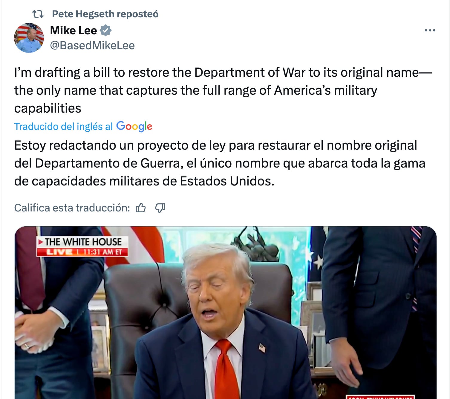 Departamento de Defensa podría cambiar de nombre