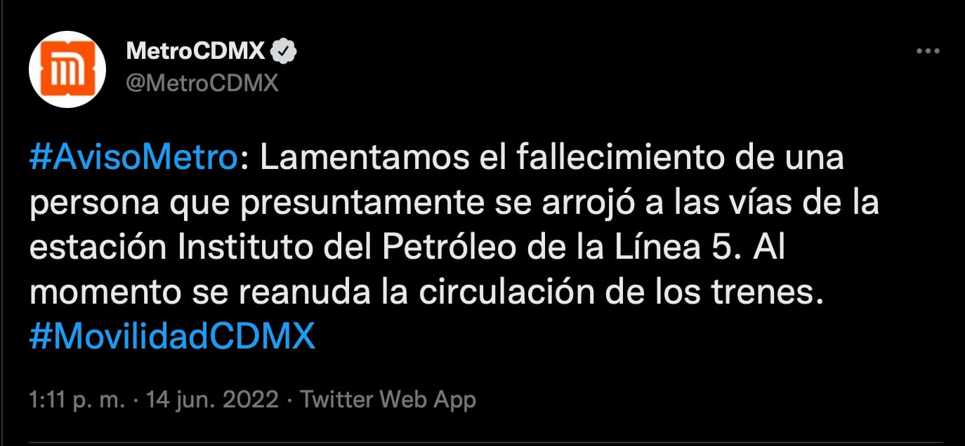 Muere una persona en la estación Instituto del Petróleo de la Línea 5