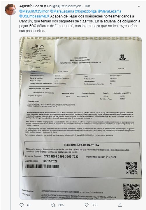 Denuncian a Aduana de Cancún por extorsionar de extranjeros; les cobraron casi 10 mil pesos de impuestos por 2 paquetes de cigarros
