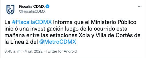 fiscalía de la CDMX informa que ya abrió una investigación del corto circuito de las estaciones de Xola y Villa de Cortés de la línea 2 del Metro/captura de pantalla
