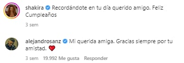 Shakira y Alejandro Sánz se dedican mensajes de amistad.