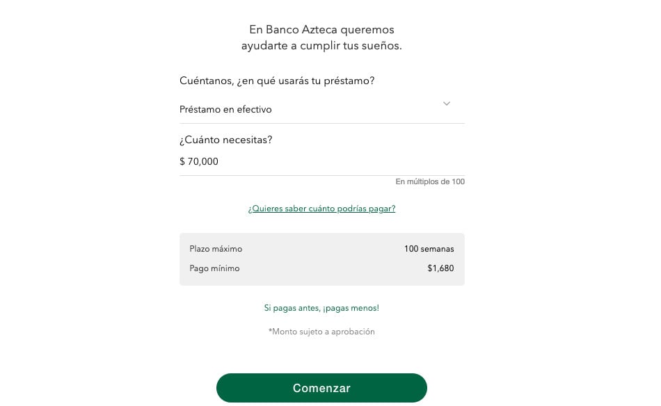 Calculadora de intereses del préstamo personal en efectivo de Banco Azteca
