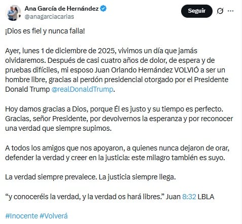 Esposa de Juan Orlando Hernández agradece a Donald Trump.