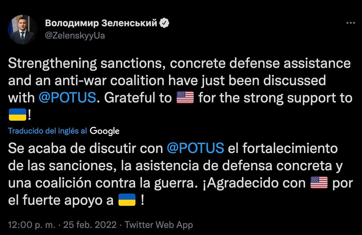 Tuit del presidente de Ucrania, Volodímir Zelenski