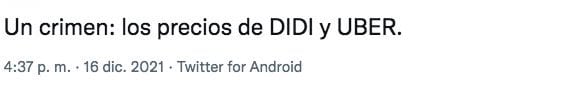 Tuit sobre alza de tarifas de Uber y DiDi